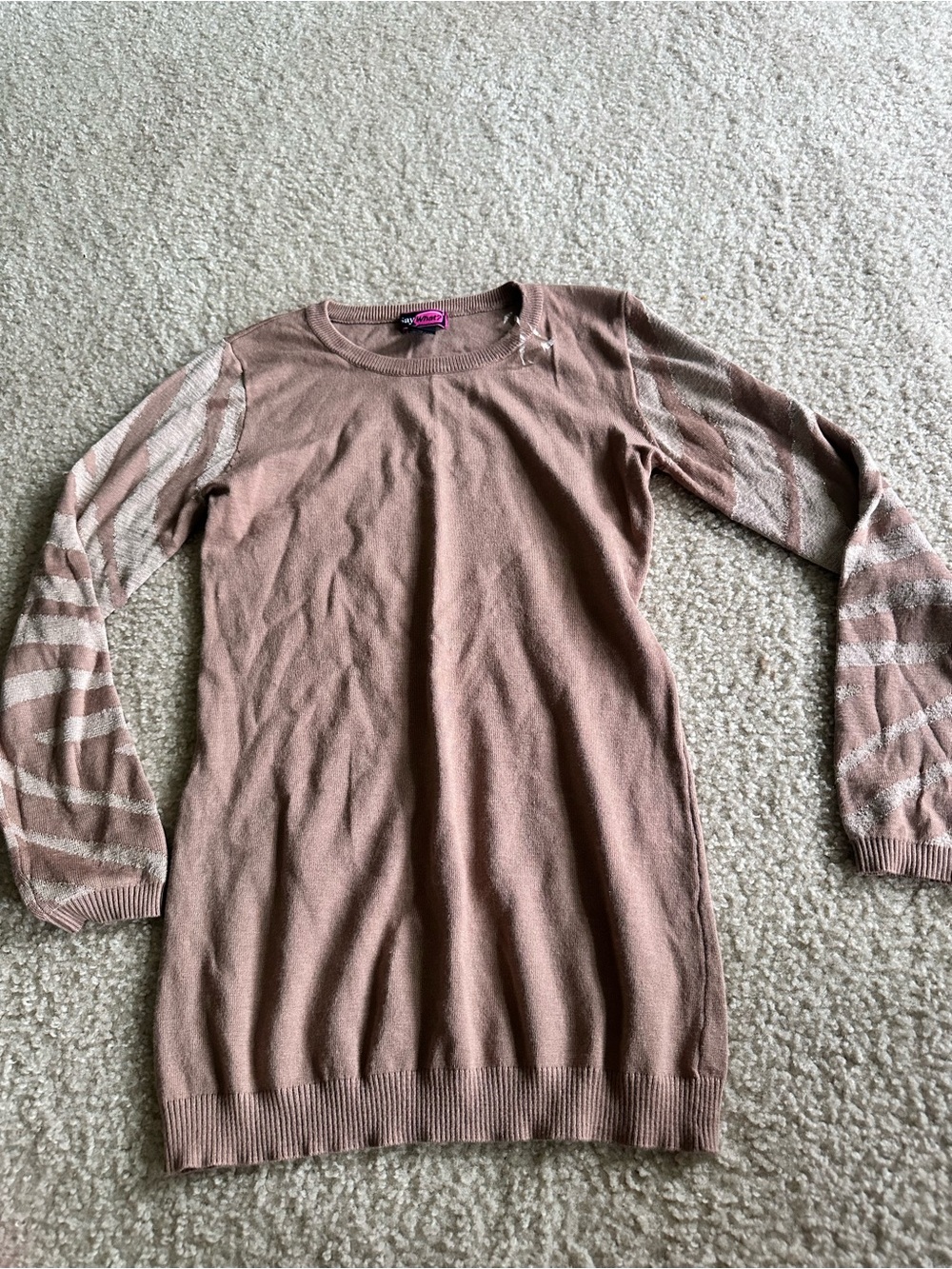 Say What? Dusty Rose Knit Tunic Sweater with Striped Sleeves